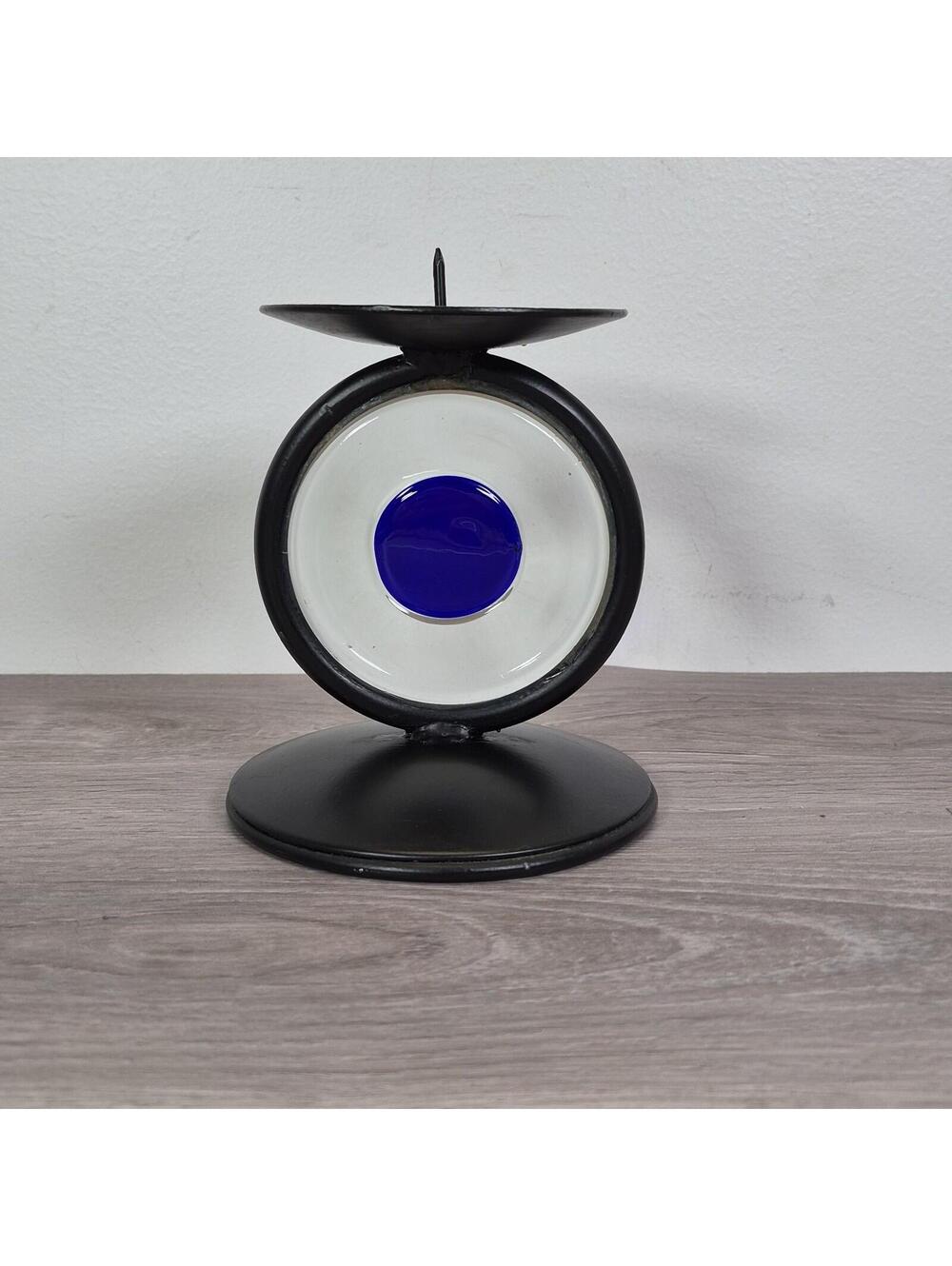 Black Metal with Clear Blue Circle Glass Pillar Candle Holder made in Mexico